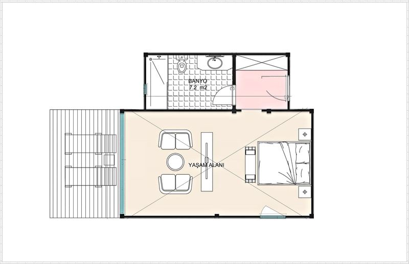 Tek hacimli kır evi planı, oturma ve yatak alanı, banyo, solda şezlonglu veranda