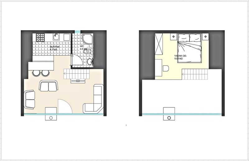 Küçük kır evi iki kat planı, altta mutfak, banyo, oturma, üstte yatak odası, boşluk