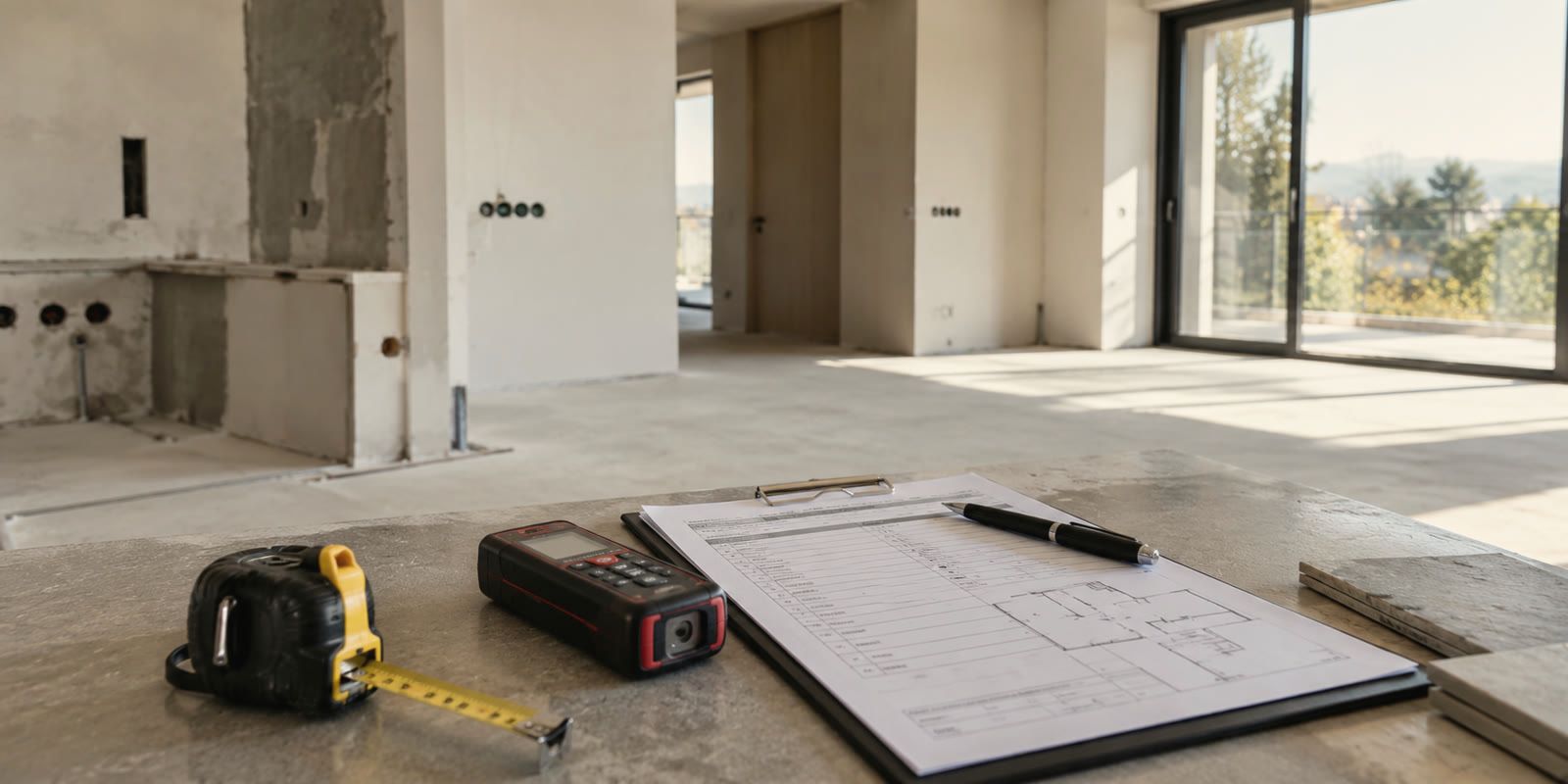 Sıvasız boş dairede önde şerit metre, lazer metre ve plan ekli kontrol formu