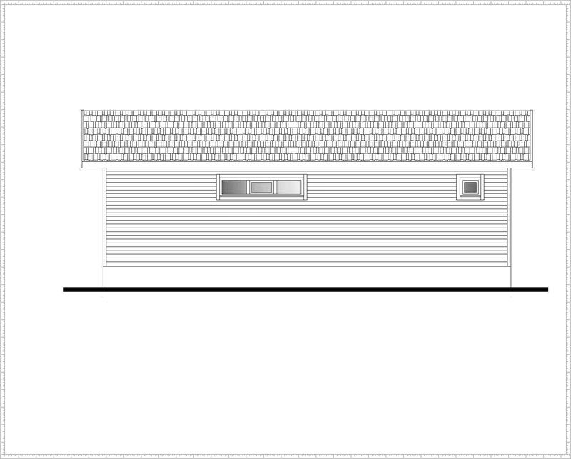 Kapısız cephe görünüşü, yatay kaplamalı duvar, üç bölmeli şerit pencere, küçük pencere